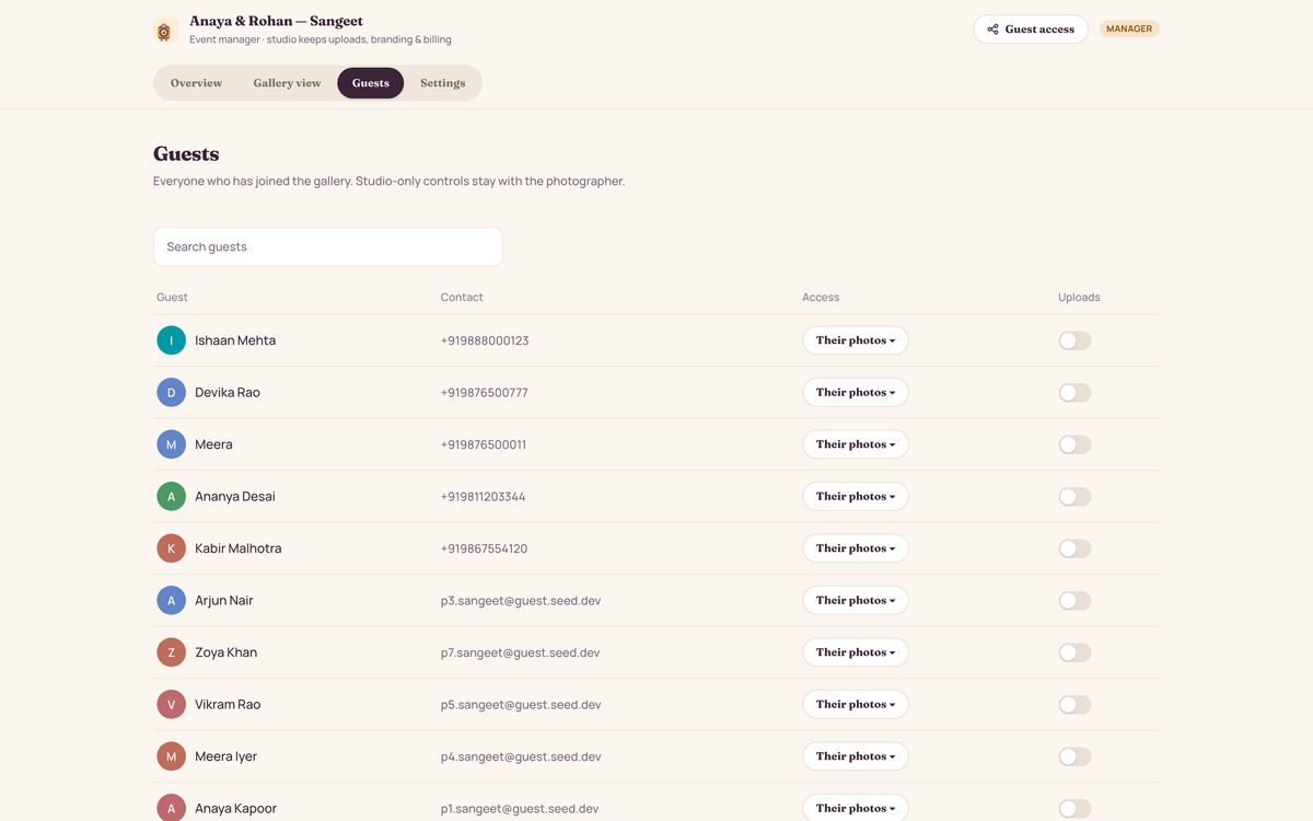 Guest list in the client manager view — each guest's photo access set to their own photos, all photos or event manager, an uploads toggle per guest, and a note that browse-without-joining, downloads and the gallery PIN stay with the studio