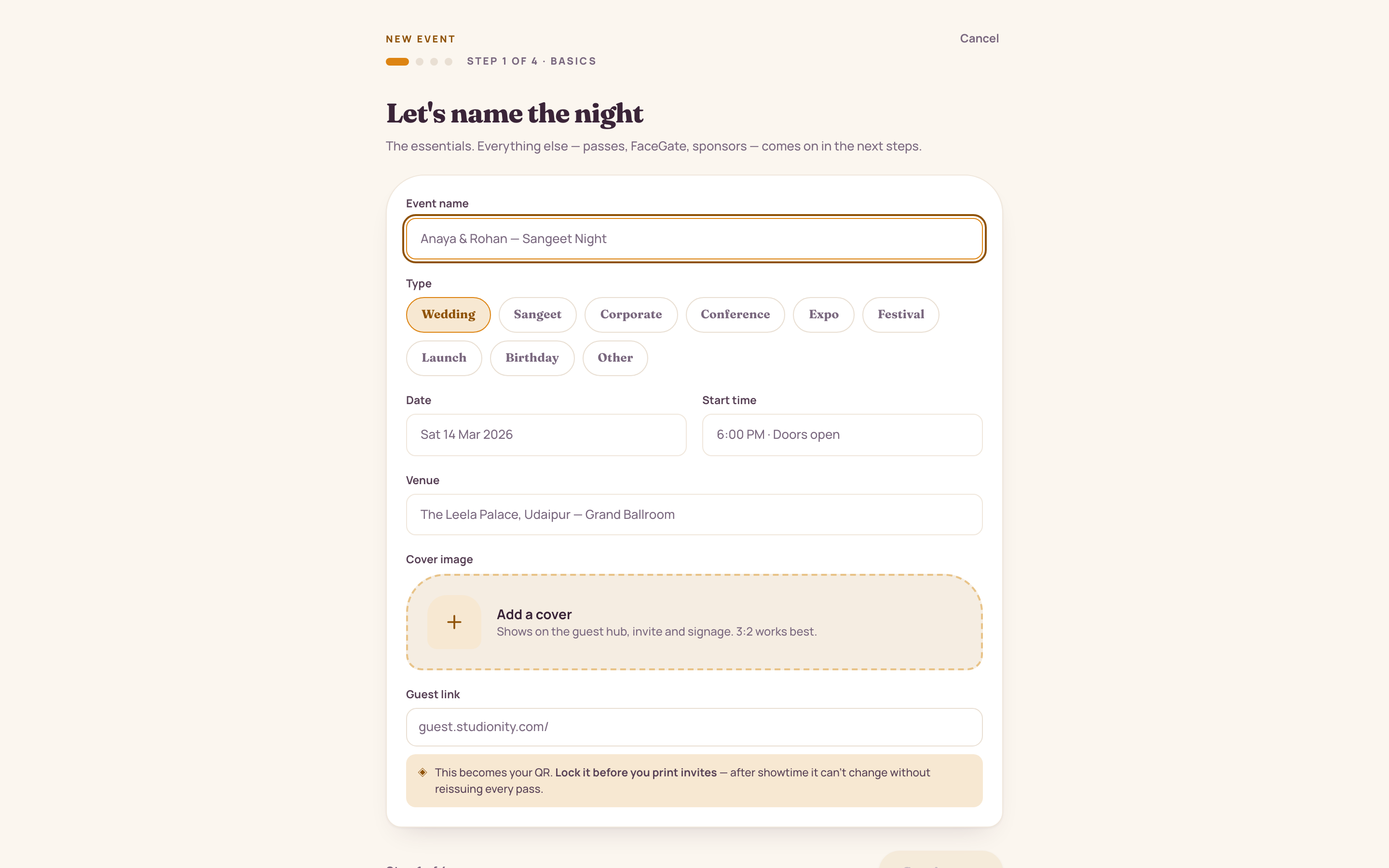 New event creation, basics step: name the event, pick a type, set date, venue and the guest link