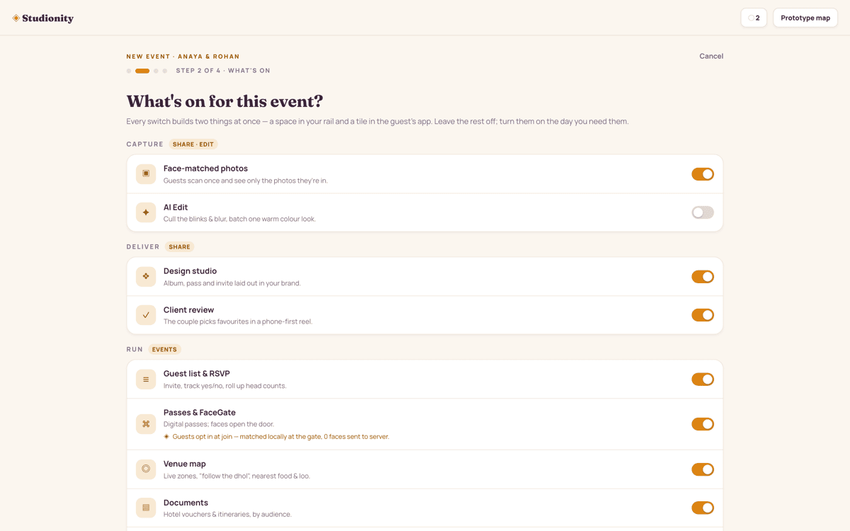 New event creation step 2: what's on for this event — occasion and module picker