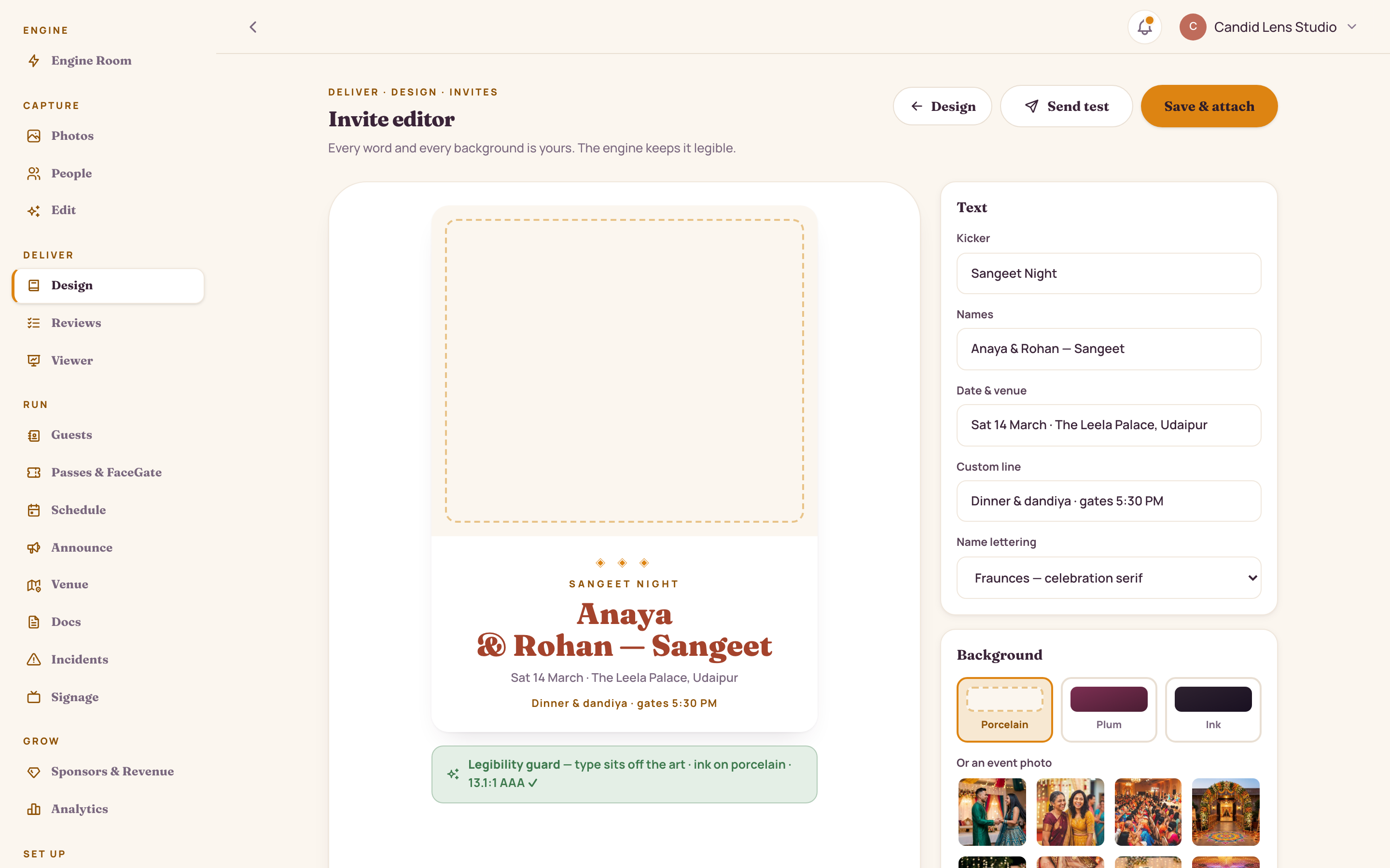 Invite editor: a live invite preview beside text, background and layout controls, with a legibility guard confirming contrast