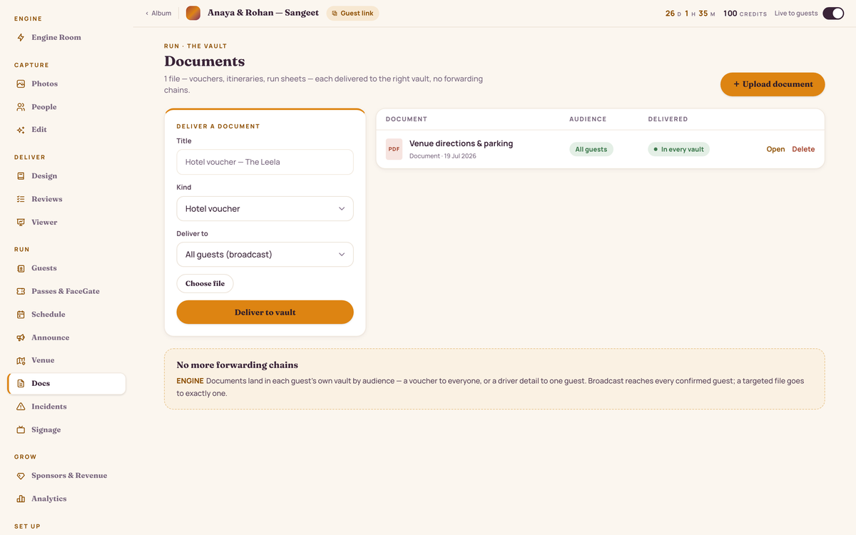 Docs: itinerary, driver and vendor document delivery to guests by audience