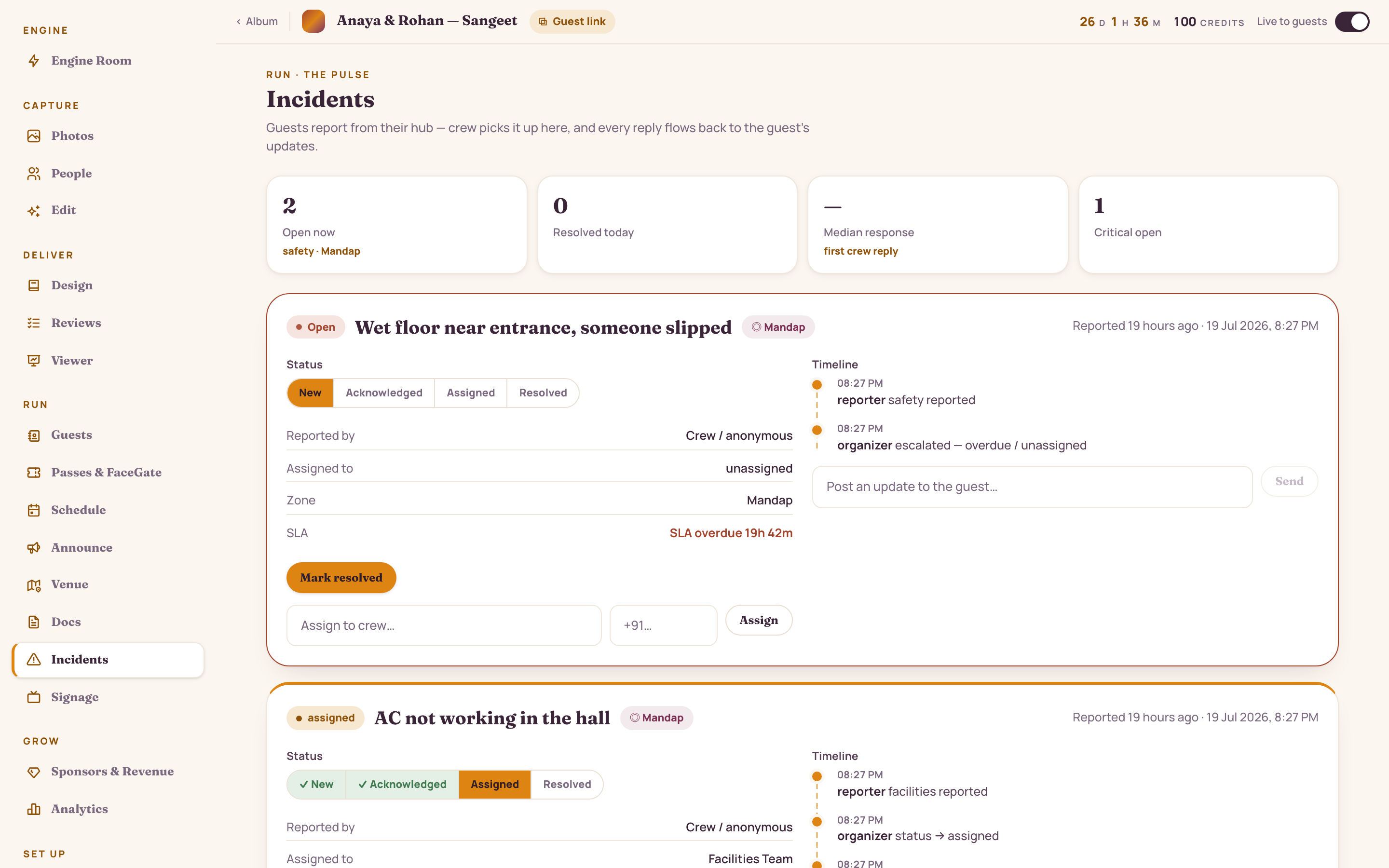 Incidents: live day-of issue log and pulse for crew