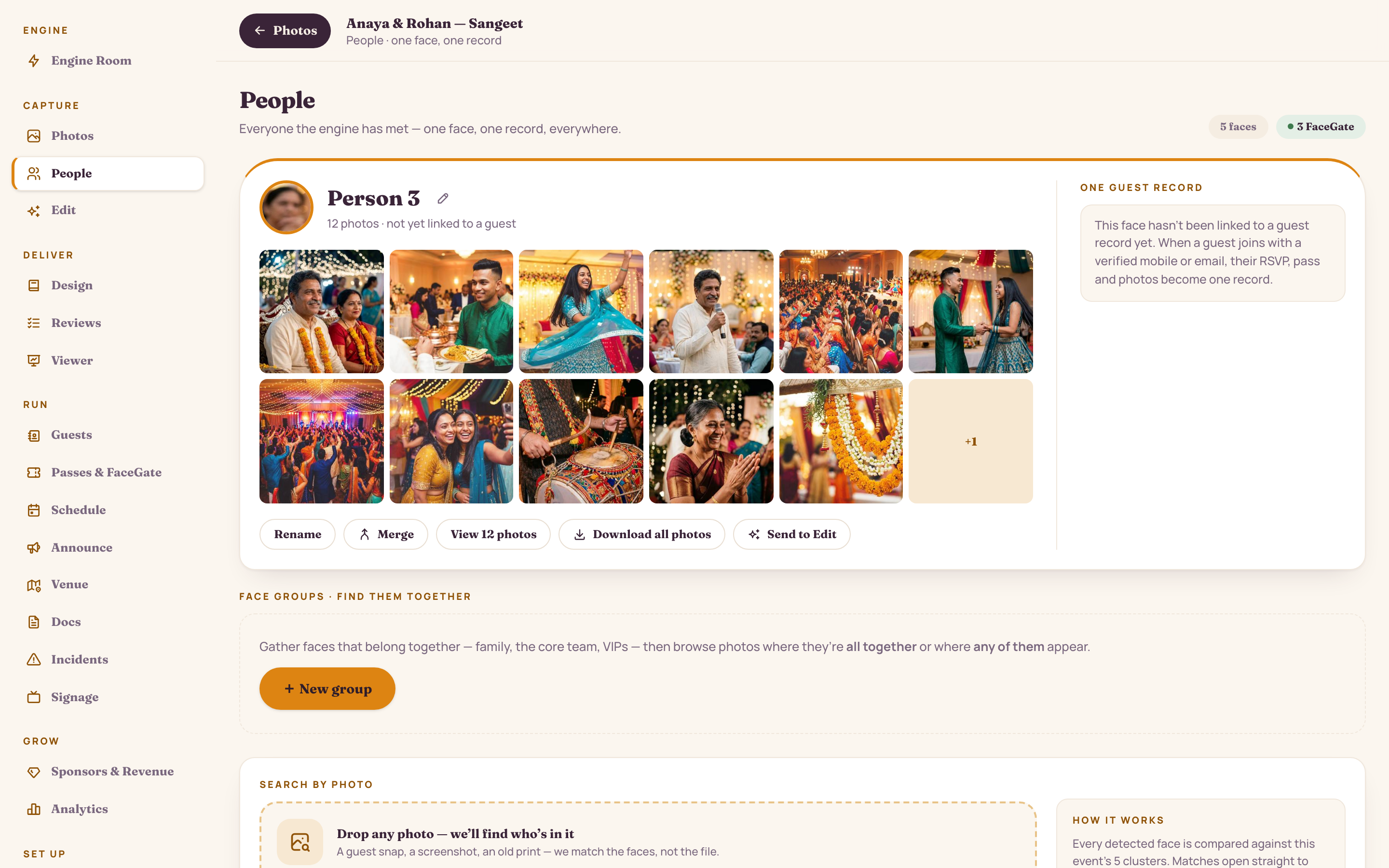 People directory: one record per guest face, used to build a Group and search for photos of them together