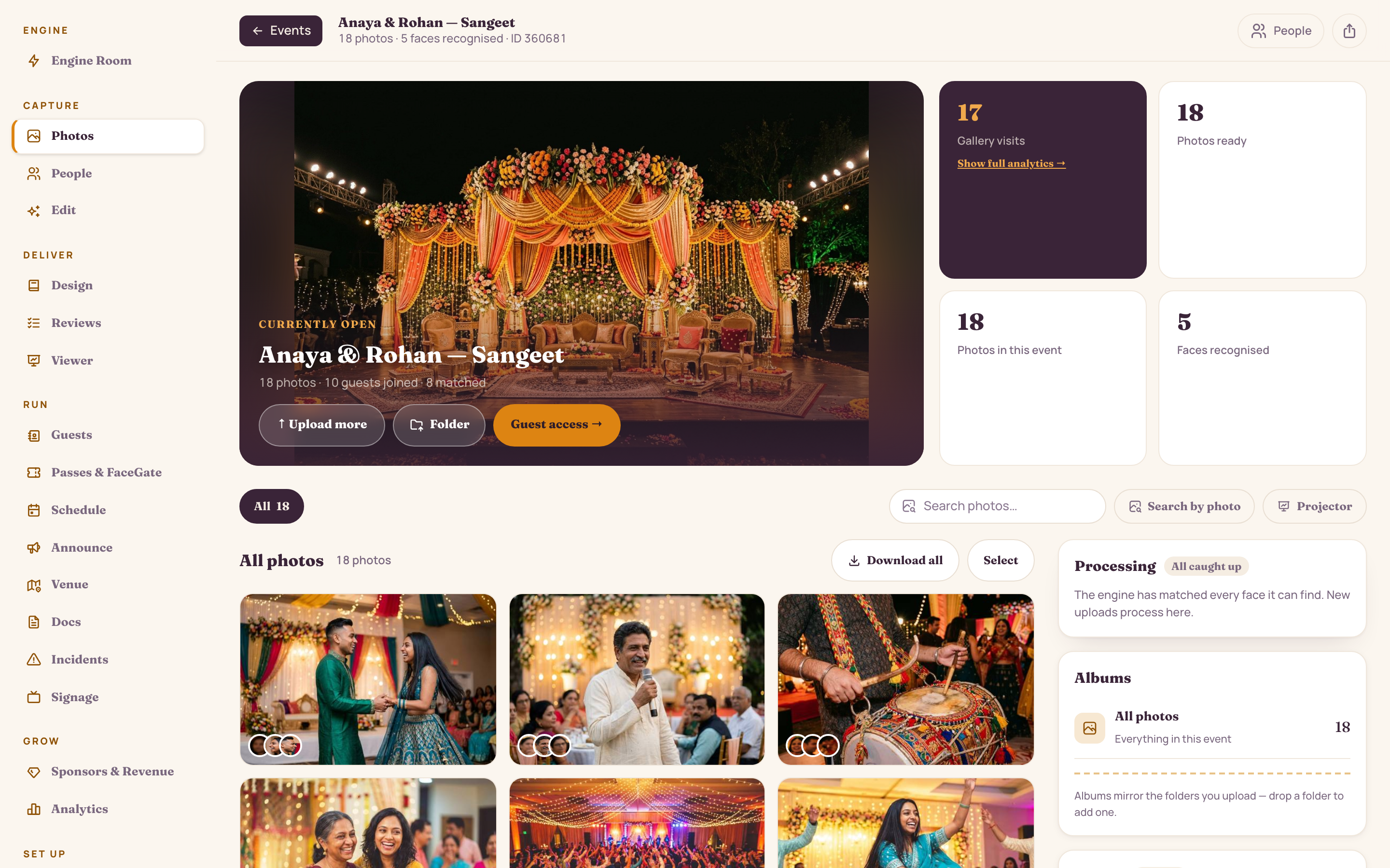 Photo library: 1,284 photos across Haldi and Sangeet albums with a live face-matching queue and people strip