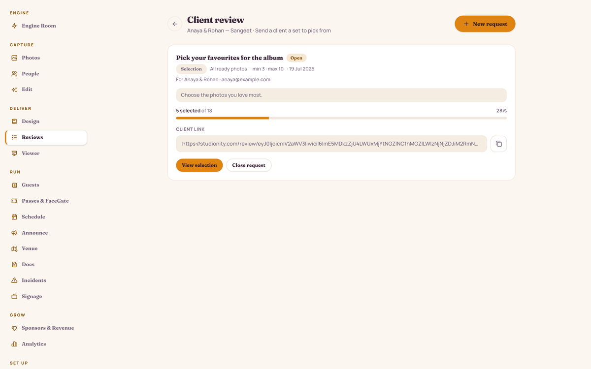 Client review management: reels tracked in a table with approval status and pick counts, feeding the design and photo book