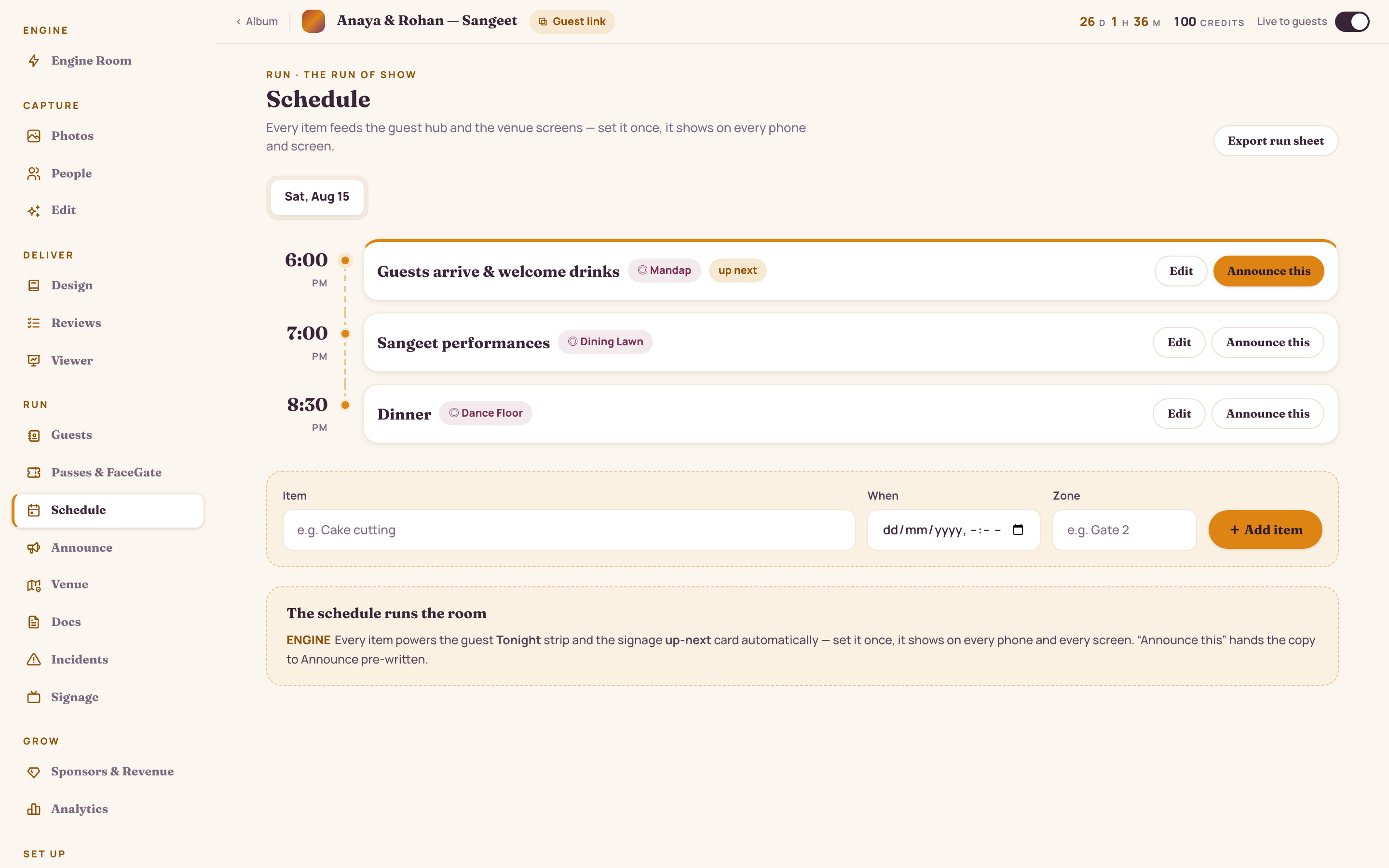 Schedule console: a run-of-show timeline with times, venue zones and an 'announce this' action on every item, that feeds the guest hub and the venue screens