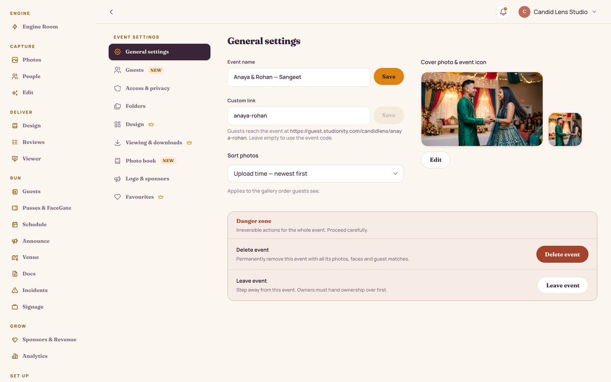 Event settings — General tab with event name, date, venue and an event-type selector (Wedding / Corporate summit / Gala / Birthday), plus a guest link that locks to a permanent join code once the first QR is printed