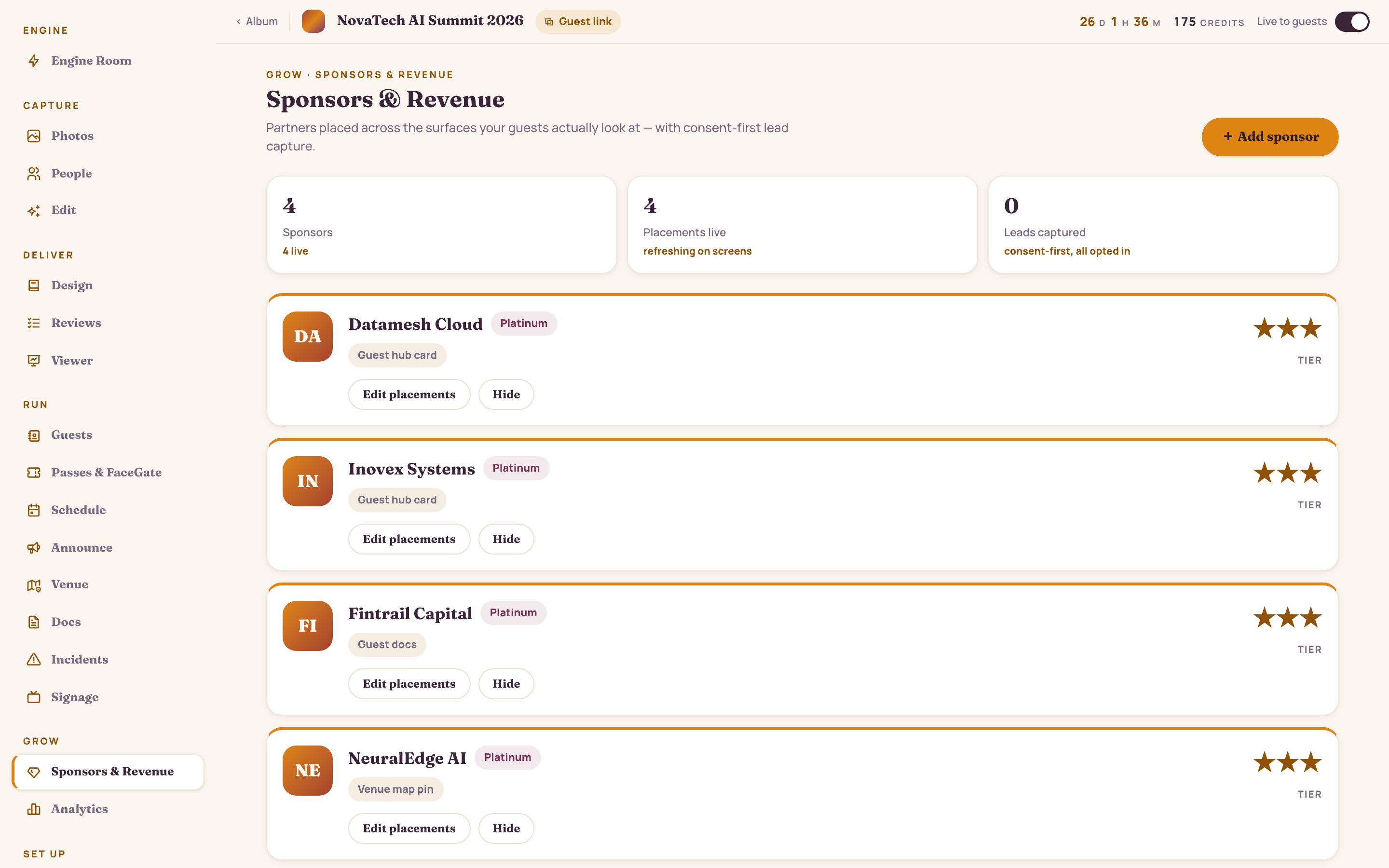 Sponsors and Revenue: sponsor placements, views, leads captured and estimated revenue