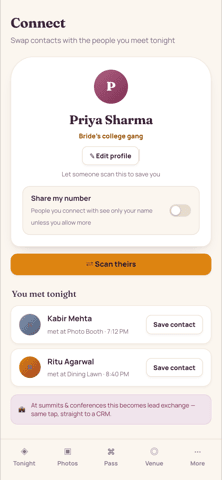 Guest connect on a phone: a personal QR card to swap contacts, a 'you met tonight' list of people met at named zones with save-contact buttons, and a note that at summits and conferences this becomes lead exchange into a CRM