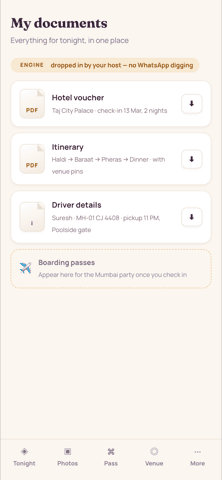 Guest 'my documents' on a phone: hotel voucher, itinerary with venue pins, driver details and boarding passes, each downloadable, dropped in by the host