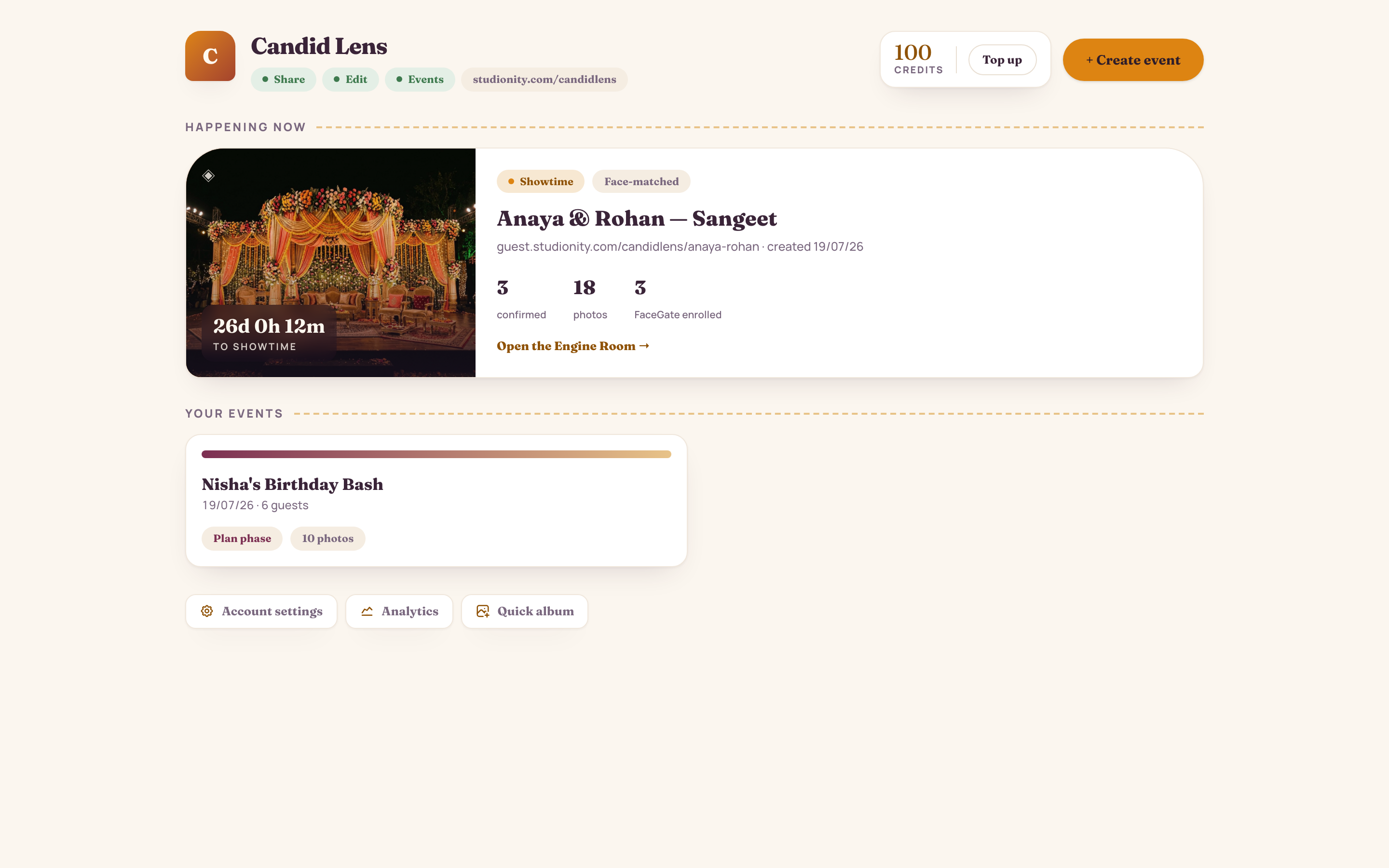 Studio home for the Anaya & Rohan sangeet night: event card with a countdown to showtime and credit balance