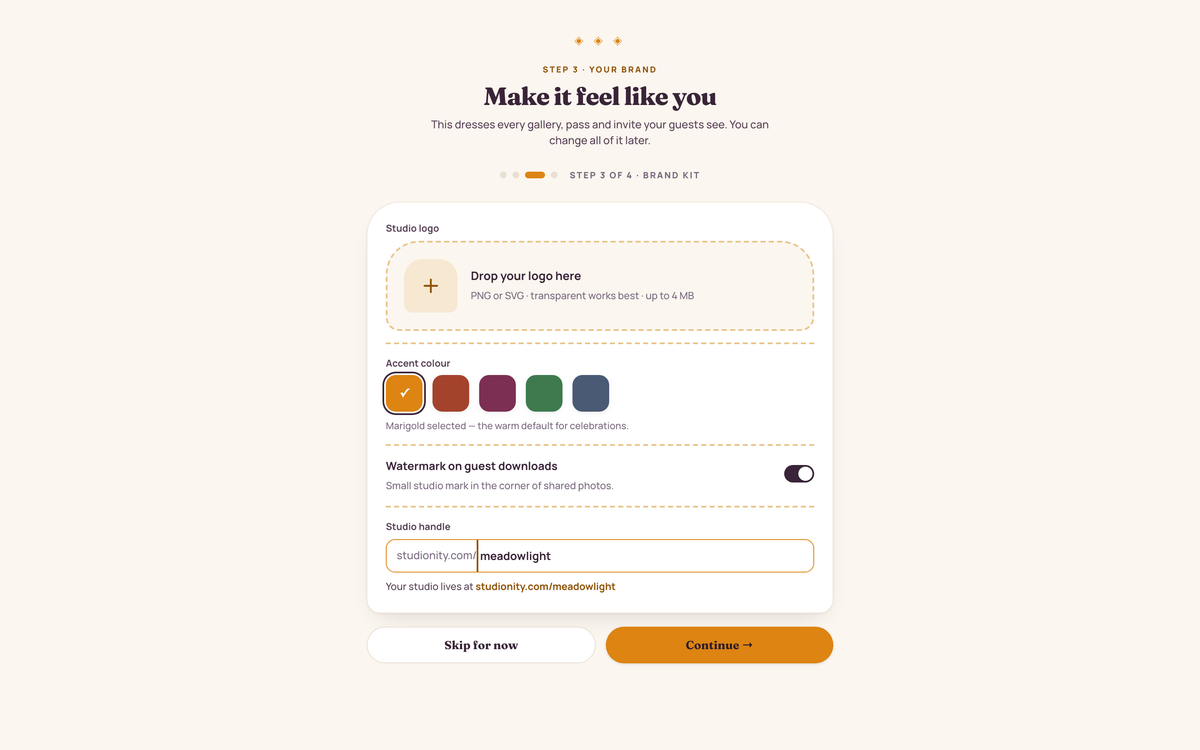 Studio onboarding step 3: brand setup with logo drop, accent colour, download watermark toggle and studio handle