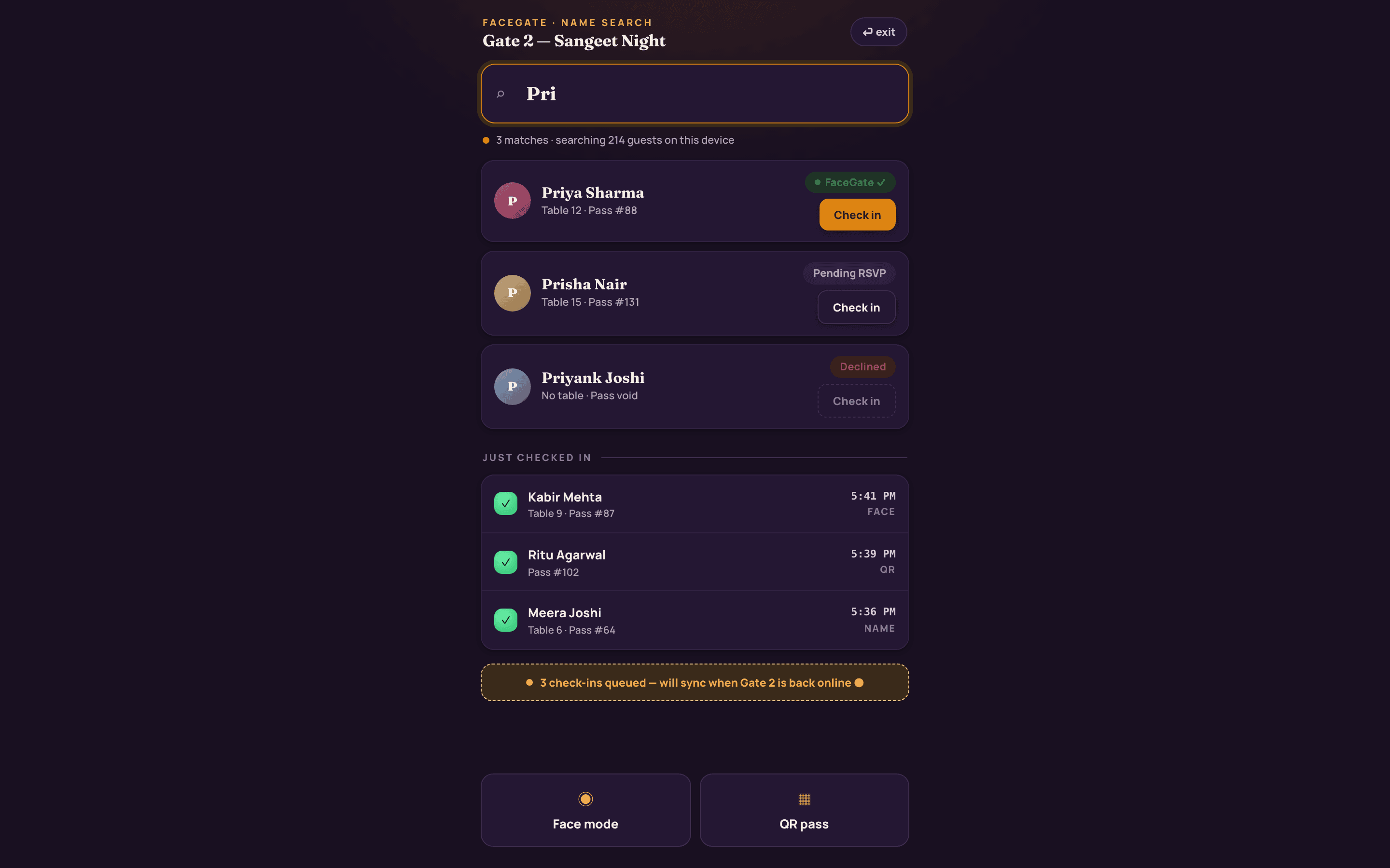 Name-search check-in fallback at the gate: type a partial name, matches appear from the on-device guest list with FaceGate and RSVP status, and a 'just checked in' log by Face, QR or Name