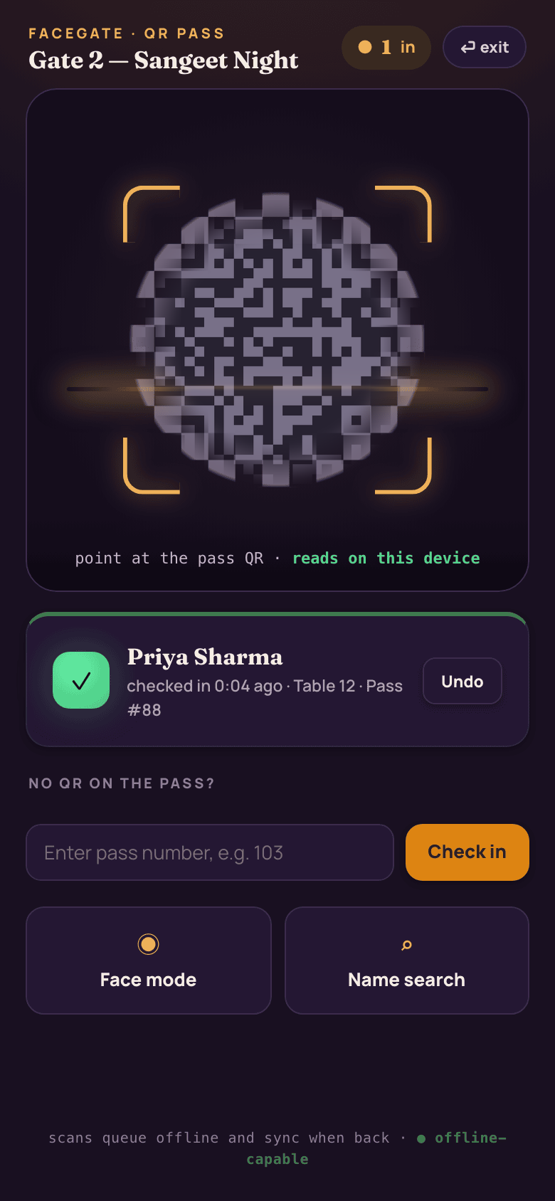 Gate QR check-in on a crew phone: point at the pass QR, it reads on this device, with face-mode and name-search fallbacks and offline queueing