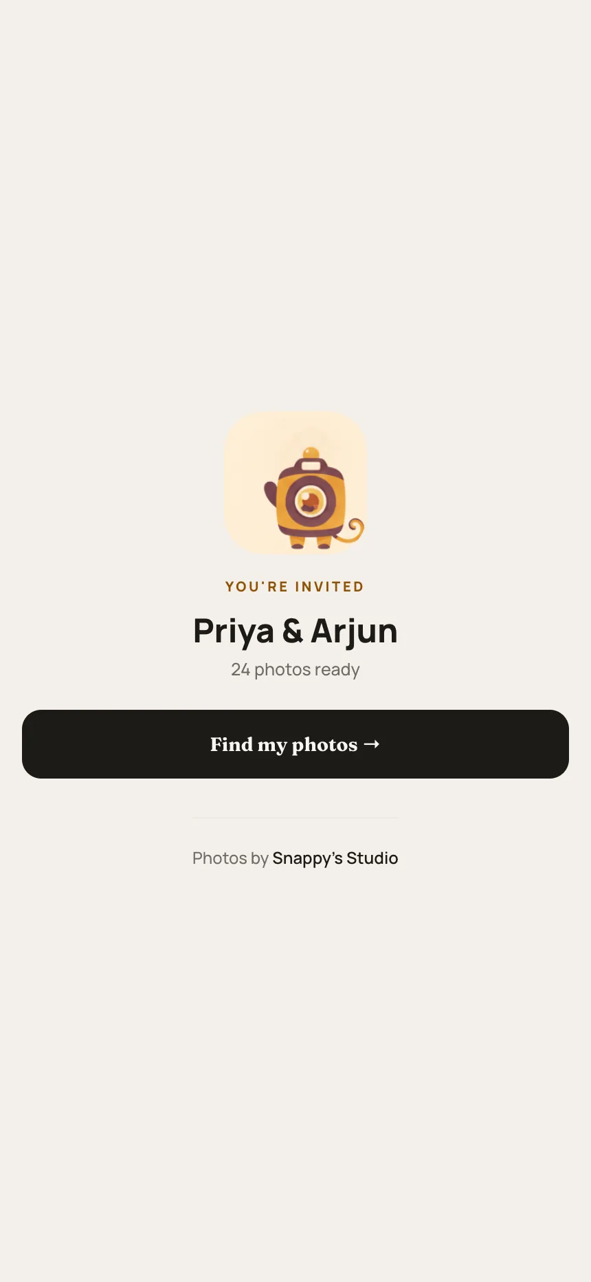 Guest join page for Priya and Arjun's wedding, opened from the QR code in the phone browser, no app to install