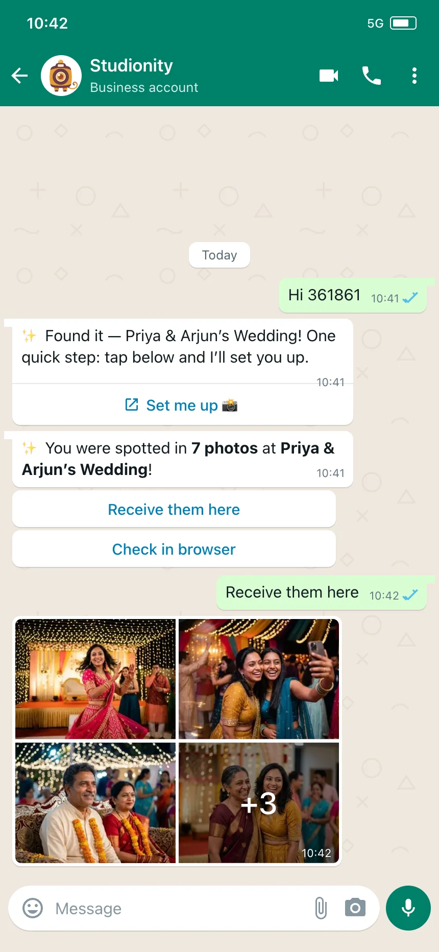 WhatsApp chat with Studionity: the guest is spotted in 7 photos at Priya and Arjun's wedding, taps Receive them here, and the photos arrive in the chat